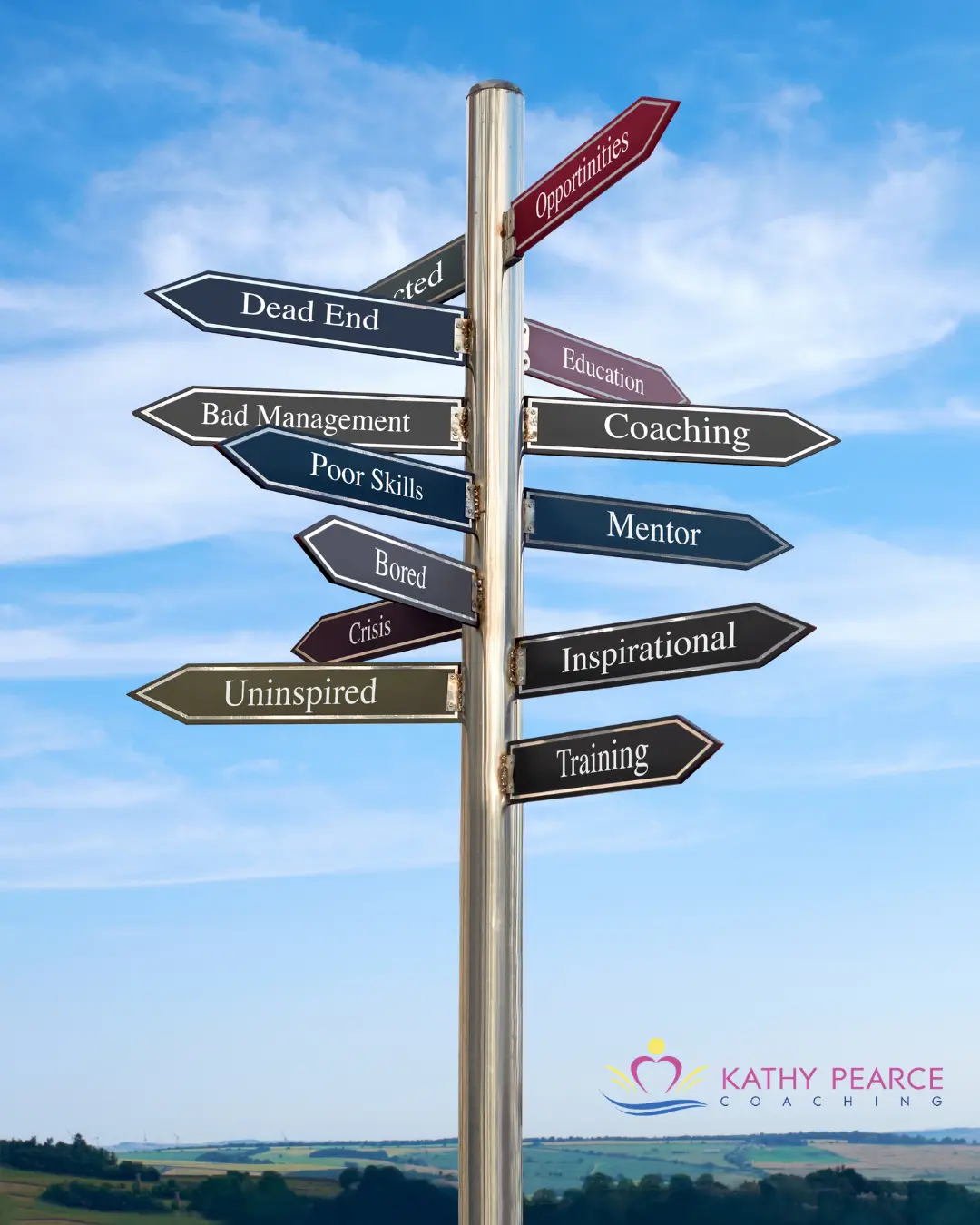 POM-Coaching Directional signpost against a blue sky showing mixed career paths: negative directions like “Dead End,” “Bad Management,” “Poor Skills,” “Uninspired,” and positive directions like “Opportunities,” “Education,” “Coaching,” “Mentor,” “Inspirational,” and “Training,” with Kathy Pearce Coaching logo at bottom right.